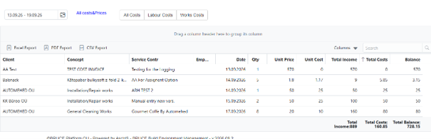 screenshot Costs Summary Report